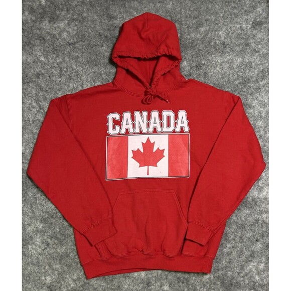CANADA Flag Hoodie Sweater Men’s Medium Red Maple Leaf Hooded Sweatshirt Gildan - Picture 1 of 12